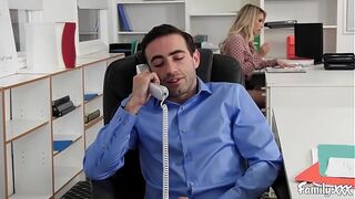 Carmen had enough of seeing her stepbrother jerking off in their office. To make him stop she seduces him with her wet pussy leading to incredibly hot office banging!