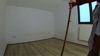 Nympho Maid Masturbates with Broom & Mop While Cleaning an Abandoned House