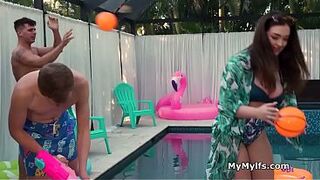 Busty wife tag teamed by the pool by lucky studs