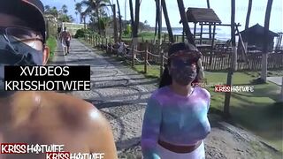 Kriss Hotwife Exercising On Crowded Public Beach In Totally Sheer Blouse Leaving Her Breasts On Show