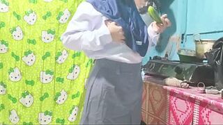 Sister-in-law comes home from school masturbating in the kitchen using a cucumber